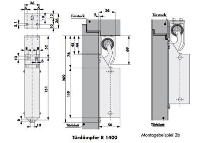 Universal-Türdämpfer R1400, Haken 1014, 50N, mattverchromt